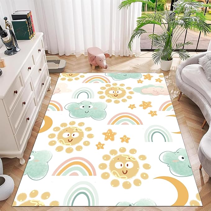 Soft Rainbow Area Rugs Girl's Bedroom Fluffy Colorful Rugs Cute Floor Mats Furry Children's Play Mats White Cloud Rainbow Prints Living Room Kids Room Nursery Home Decor (3, 2x5ft)