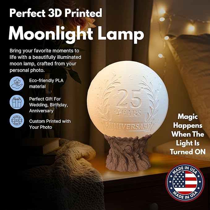 Personalized Anniversary Moon Lamp with Photo & Text - Couple Night Light - Custom Love Lamp for 1st, 20th, 25th, 50th Wedding Anniversary | Romantic Personalized Gift for Husband or Wife