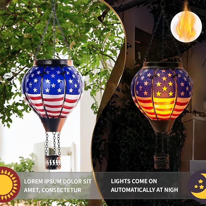 Larekook Solar Hot Air Balloon Lantern with Flickering Flame Light,Glass Outdoor Garden Decor,Hot Air Balloon Solar Lantern Outdoor Waterproof Hanging Light for Yard Patio Porch Lawn(American Flag)