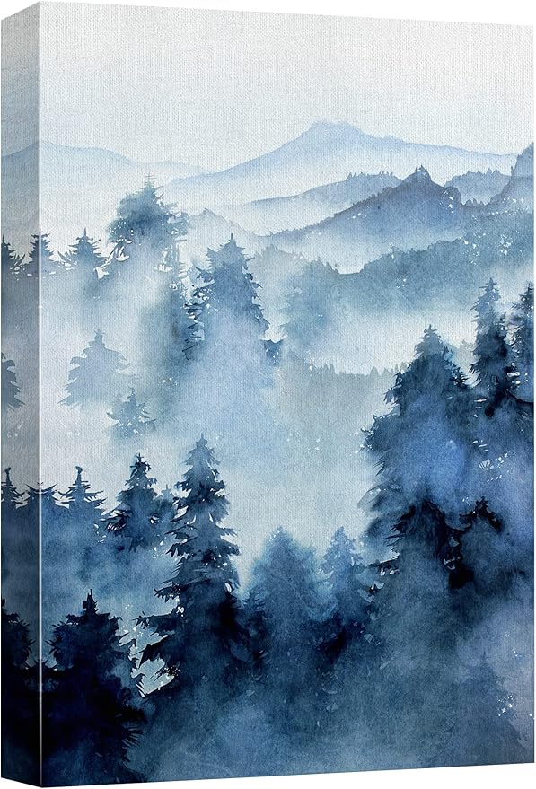 SIGNWIN Canvas Print Wall Art Woodland Nursery Decor Blue Winter Mist Pastel Mountain Forest Nature Illustrations Modern Art Decorative Landscape Colorful for Living Room, Bedroom, Office - 32"x48"
