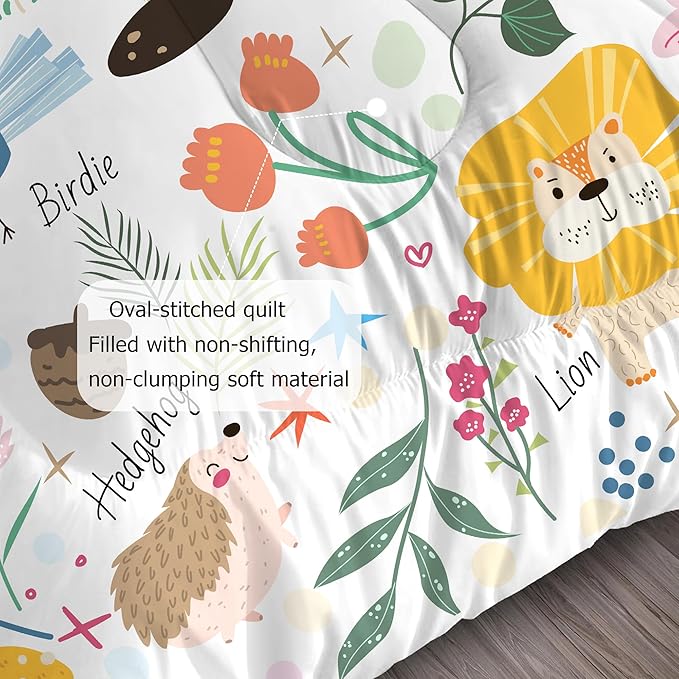 Comforter Set Cartoon Animals: King Size Cute Bedding Sets for Women Adult Teens Girls Kawaii Bedroom Fox Bear Lion Flowers Soft Quilt Bed Set 1 Comforter & 2 Pillowcases