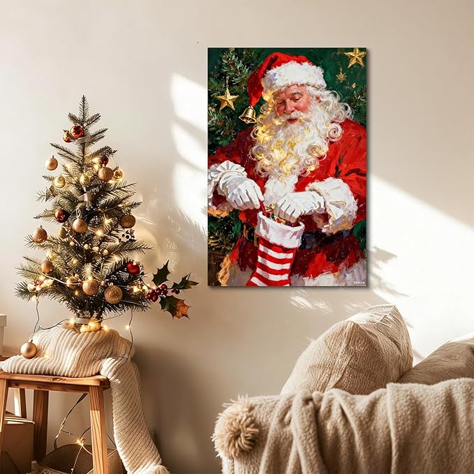 YONICA Christmas Canvas Wall Art Stocking Santa 24x32 Inch Oil Painting Filling Christmas Sock - Large Framed Gallery Wrapped Family Tradition