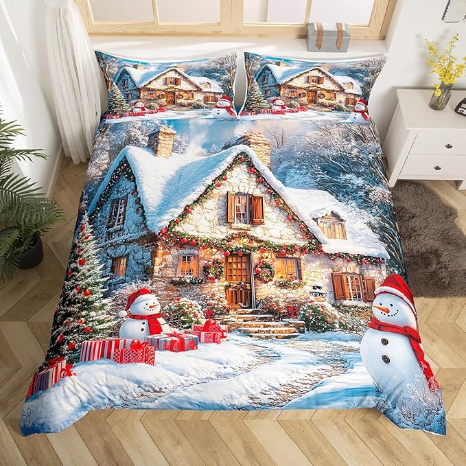 Manfei Christmas Duvet Cover Set Twin Size, Winter Snow Scenery Bedding Set for Kids Boys Girls Room Decor, Western New Year Comforter Cover, Soft Polyester Quilt Cover, 1 Pillowcase, No Comforter