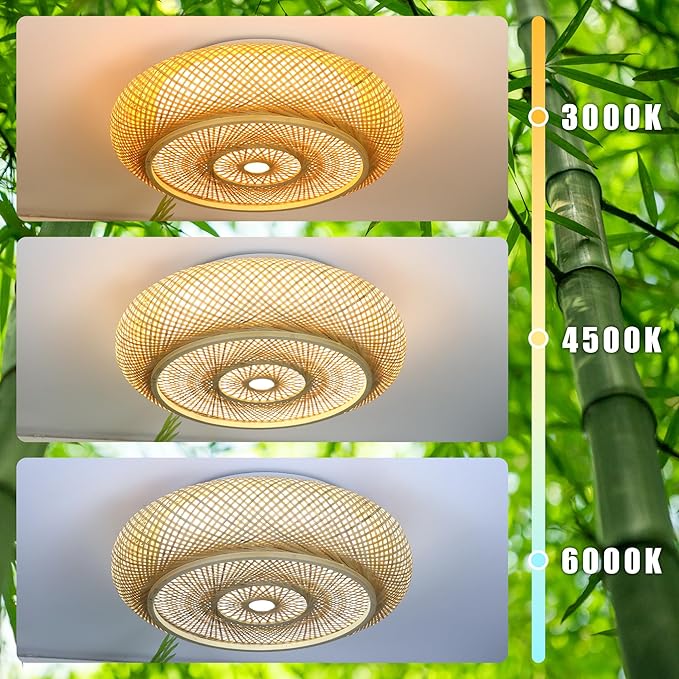 23.6 in Bamboo Woven Rattan-Style Ceiling Light, Boho Ceiling Light Fixture with Remote, LED Dimmable Ceiling Light, Boho Light Fixture for Bedroom Living Room Dining Room Light