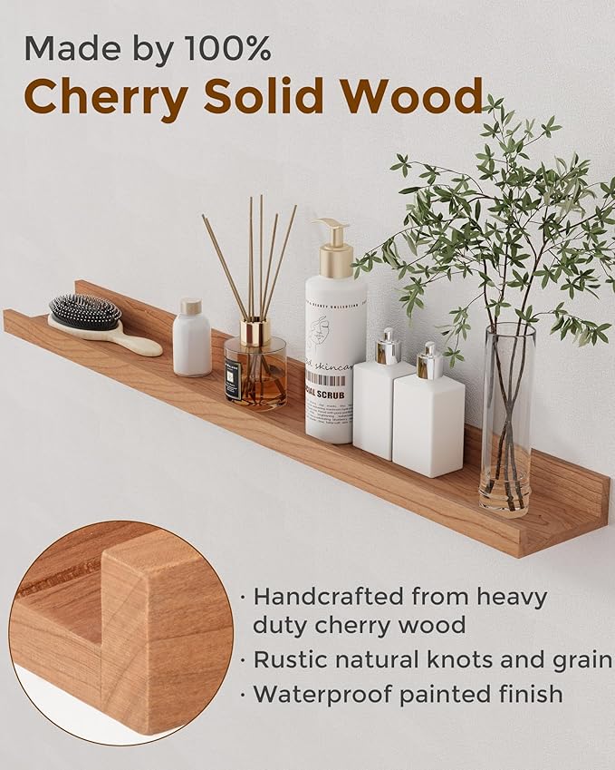 Axeman Cherry Picture Ledge Shelf, 72 Inch Floating Shelves Set of 2, Solid Wood Wall Shelves with Lip, Wall Decor Storage for Bedroom Living Room Bathroom Kitchen Nursery Photo, Natural Cherry