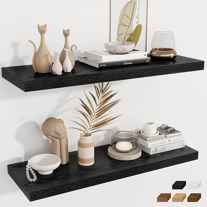 Fun Memories Deep Floating Shelves, 36" W x 12" D Wood Floating Shelves for Wall, 2 Pack Extra Deeper & Thicker Wall Mounted Storage Shelf for Living Room Laundry Room Kitchen Home Office, Black