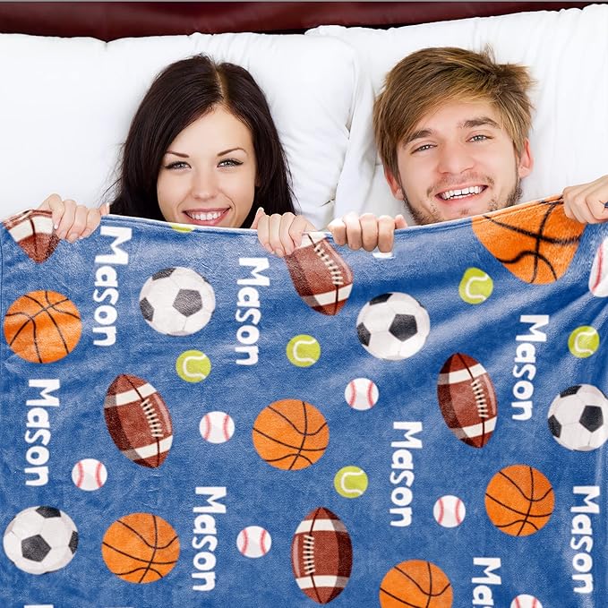 Personalized Ball Blanket with Name for Boys, Custom Name Blanket for Teen Ball, Soft Flannel Ball Blankets Customized Gift for Birthday 50"x60"