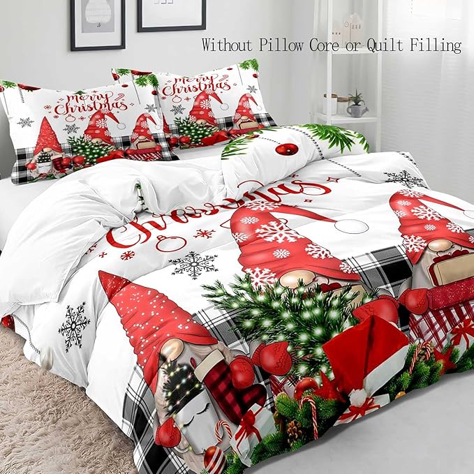 LUVIVIHOME 3PCS Christmas Gnome Duvet Cover Full, Christmas Bedding, White Duvet Cover, Holiday New Year Xmas Santa Swedish Tomte Snowflake Red Black Buffalo Plaid Comforter Quilt Cover 2 Pillow Shams