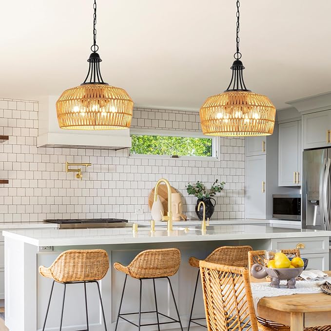 18.5'' Rattan Chandeliers for Dining Room, 5-Light Boho Pendant Light, Hand Woven Lampshade for Kitchen Island, Bedroom, Living Room, Height Adjustable