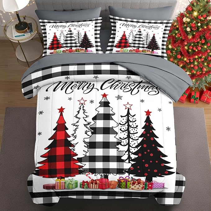 5 Pcs Twin Size Christmas Comforter Set with Pillowcase & Sham, Buffalo Check Plaid Tree Bedding for Kids and Adults, Winter Snowflake Bed in a Bag with Flat Fitted Sheet
