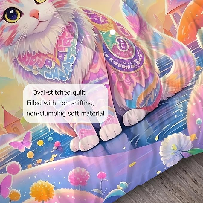 Cat Comforter Set Queen: Rainbow Cat Bedding Set Cartoon Exotic Kitten Floral Feline Castle Quilt for Women Girls Teens Adults Colorful Butterfly Pet Animal Bed Set 3 Piece