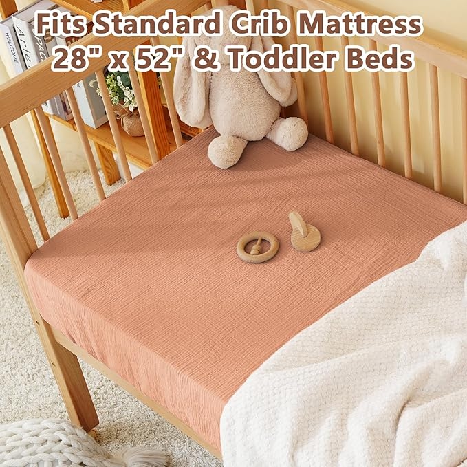 Muslin Crib Sheet – 100% Cotton Baby Fitted Sheet for Boys & Girls, Ultra Soft & Breathable, Snug Fit with 360° Elastic, Fits Standard Crib Mattress 28" x 52" & Toddler Beds.