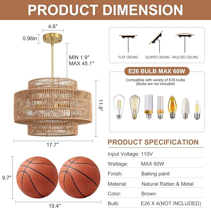 17.7”Boho Rattan Chandelier for Dining Room, 4-Light Hand Woven Pendant Light Fixture Farmhouse Rustic Ceiling Hanging for Kitchen Island Bedroom Living Room Nursery Foyer