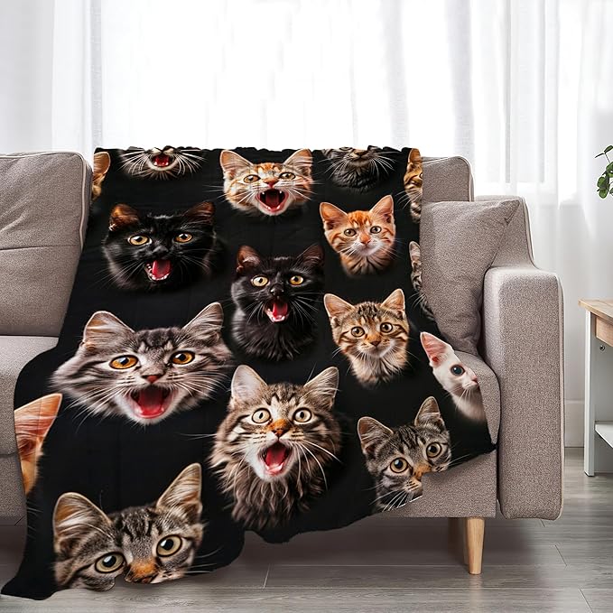 Flannel Cat Throw Blanket, 80"x60", White, Modern Style, Warm, Moisture-Wicking, Perfect for Napping, Reading, Camping, Travel