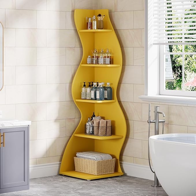 Tribesigns Wavy Corner Shelf, Modern 5-Tier Bookshelf Bookcase with Curvy Shape, Unique Plant Stand Display Rack for Living Room Small Space (Yellow)