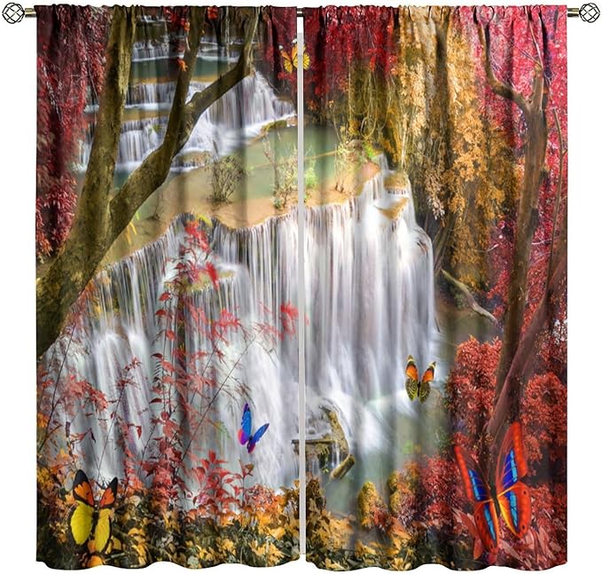Landscape Blackout Curtains, Nature Forest Waterfall Butterfly Scenery Pattern Rod Pocket Window Drapes, for Bedroom Living Room 42" W X 54" L