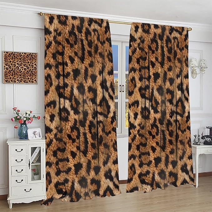 Leopard Print Window Curtains, Animal Fur Skin Brown Farmhouse Wild 3D Rustic Safari Theme Window Treatments for Kids Bedroom Living Room 72" W X 63" L