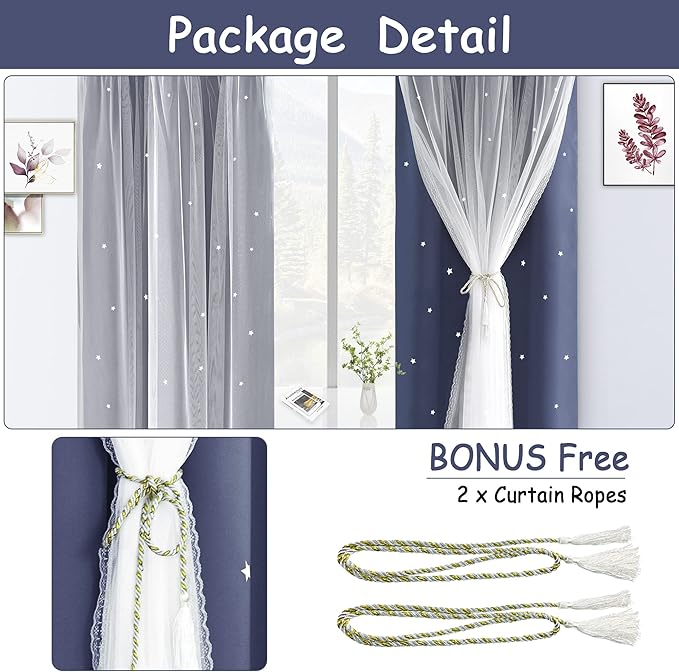 Kinryb Kids Blackout Curtains for Bedroom/Living Room/Classroom, Sheer Overlay Small 2 Panel Set, Double Layer Curtains with Star Cutout for Kids Room(W 52 x L 45 Inches,Stone Blue 2 Pcs)