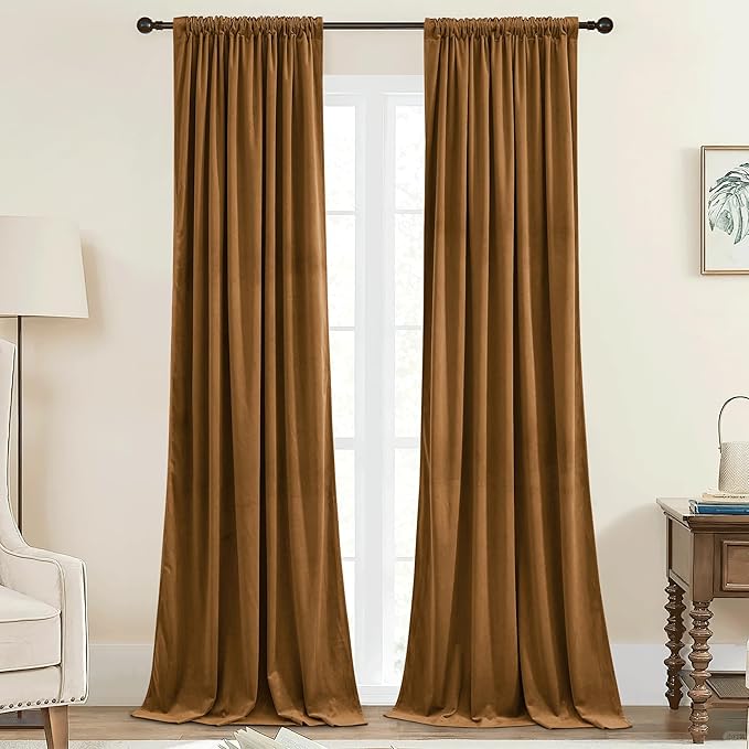 StangH Gold Brown Velvet Blackout Curtains Luxury Back Tab Thermal Insulated Window Drapes for Bedroom Living Room Halloween Autumn Holiday Decor, W42 x L84, 2 Panels