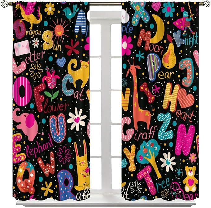 Cartoon Alphabet Curtains Funny Education Animal Giraffe Curtain with Rod Pocket for Bedroom Living Room Home Decor Drapes Thermal Insulated Window Treatments 2 Panels Set 63" W X 63" L