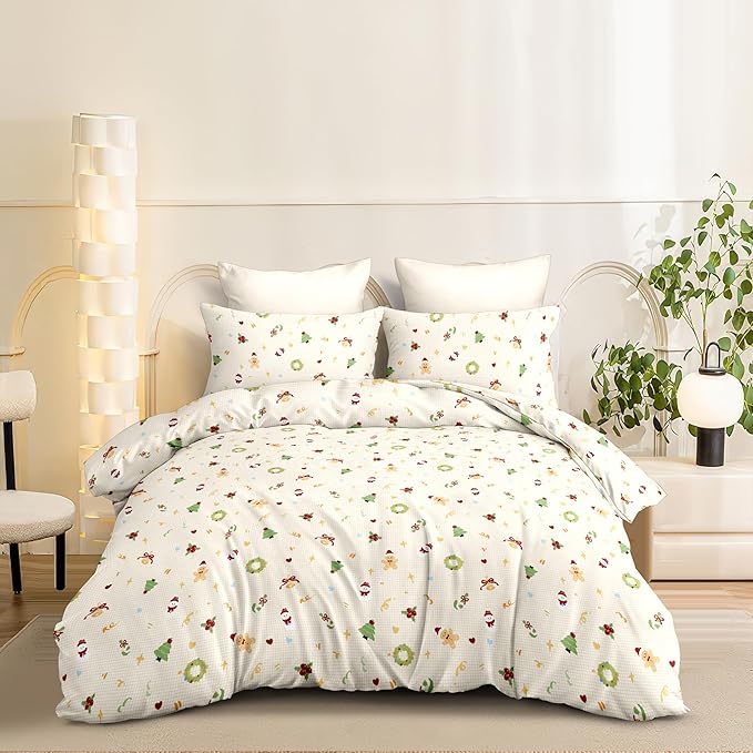 Christmas Duvet Cover Queen Size Gingham Red Bow Christmas Tree Bedding Set 3 Pcs Kids Boys Girls Plaid Heart Xmas Holiday Reversible Comforter Cover with Zipper Closure