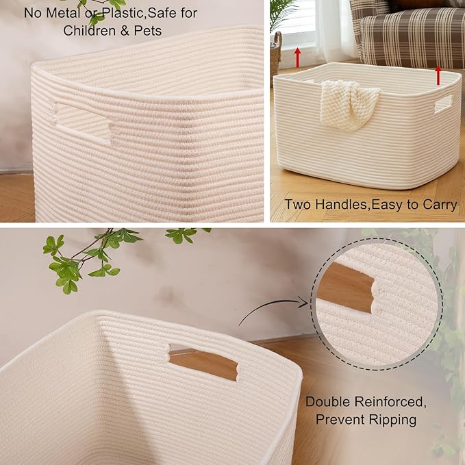 OIAHOMY 118L XXXLarge Cotton Rope Storage Basket, Oversized Blanket Basket, Used for Organizing Dirty Clothes in Living Room, Bedroom, Nursery, Dog Toy Storage Bins, 25" x 17" x 16",White