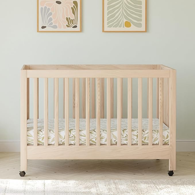 babyletto Maki Full-Size 2-in-1 Portable Folding Crib with Toddler Bed Conversion Kit in Washed Natural, Greenguard Gold Certified