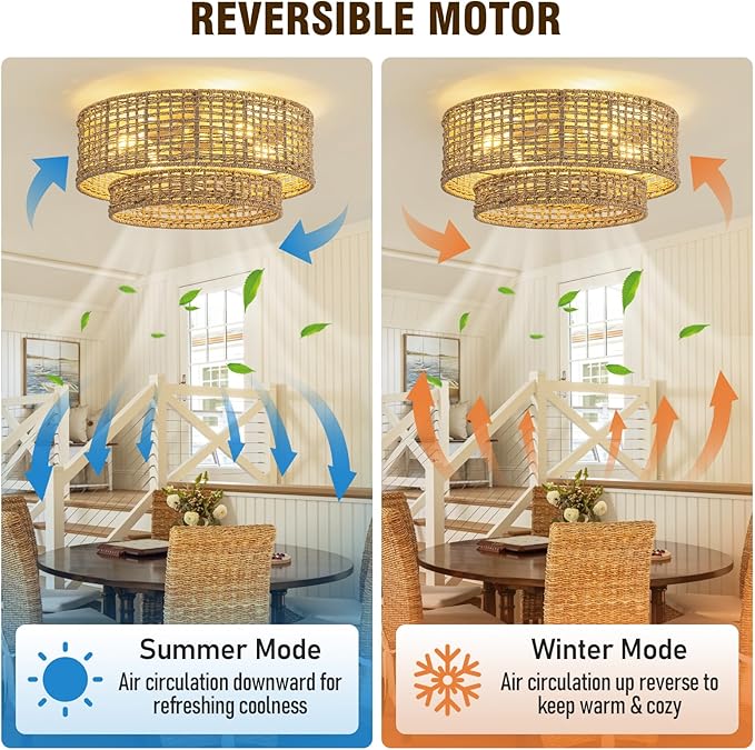 Boho Fandelier Ceiling Fan with Light,Rattan Caged Ceiling Fan with Light and Remote Control,Enclosed 6 Speeds for Bedroom, Living Room,Kitchen