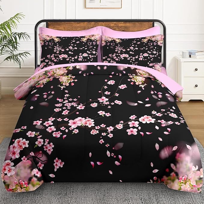 5 Pcs Twin Size Comforter Set with Pillowcase & Sham, Tree Flower Floral Bedding for Kids and Adults, Pink Cherry Blossom Bed in a Bag with Flat Fitted Sheet