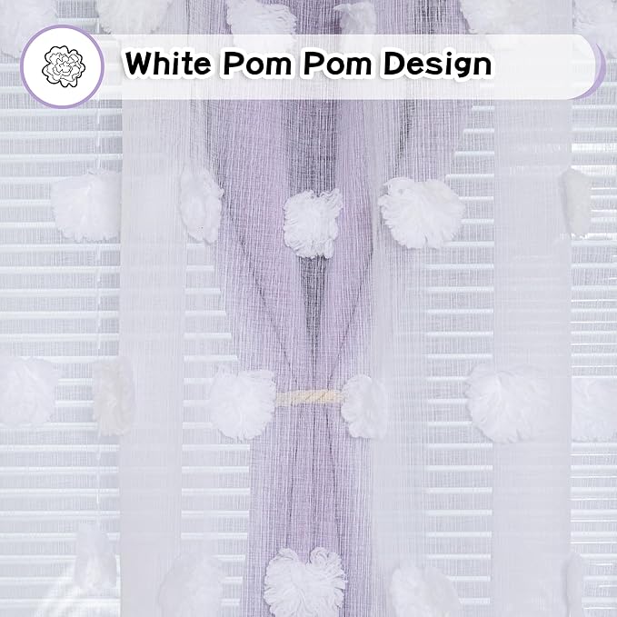 MYSKY HOME Lilac Curtains for Girls Bedroom Kids Curtain White Pom Pom Sheer Window Curtains 2 Panels Grommet Room Darkening Double Layer Nursery Curtains 63 Inches Length, Light Purple, W52 X L63