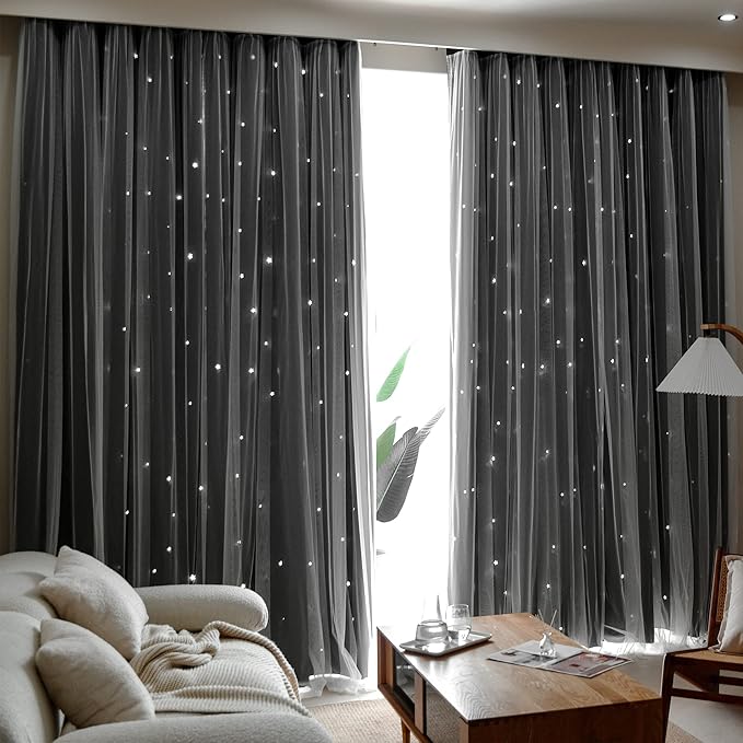 Kinryb Kids Blackout Curtains for Bedroom/Living Room/Classroom, Sheer Overlay 2 Free Tiebacks, Double Layer Curtains with Star Cutout for Kids Room(Each Piece W 70 x L 84 Inches 2 Pcs Black)