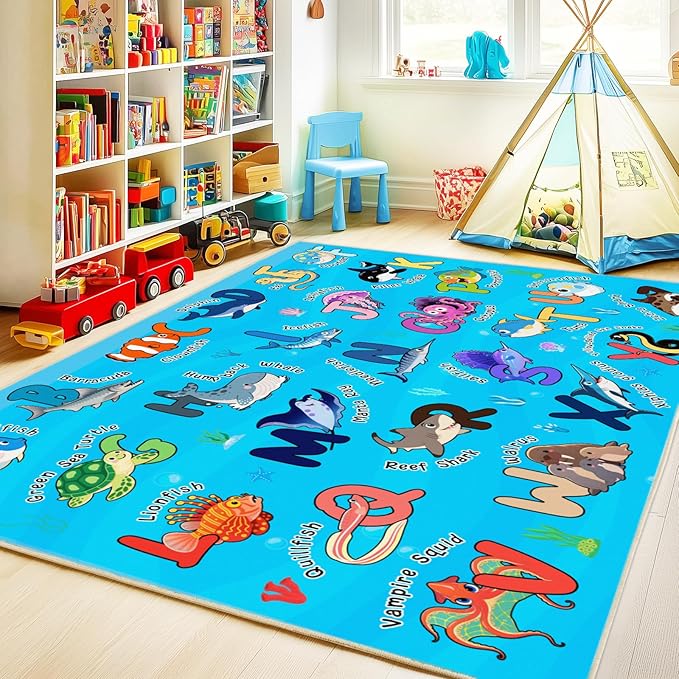 Kids Rugs for Playroom, 8x10 Ft Educational Rug for Learn The ABC Alphabet, Soft Machine Washable Non-Slip Cute Marine Organisms Carpet for Classroom Toddler Nursery Kids Room Decor, Blue