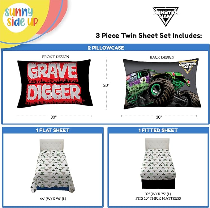 Sunny Side Up Monster Jam Grave Digger Twin Sheet Set - 3 Piece Kids Bedding Set Includes Pillow Cover - Super Soft Microfiber Sheets