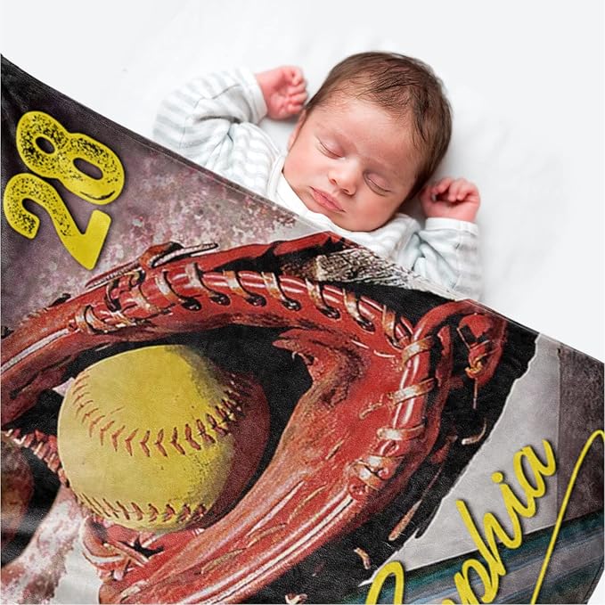 Baby Kids Personalized Baseball Blanket - Custom Name and Number - Soft Warm and Fluffy Flannel Fabric Gift for Sports Lovers 30x40inch