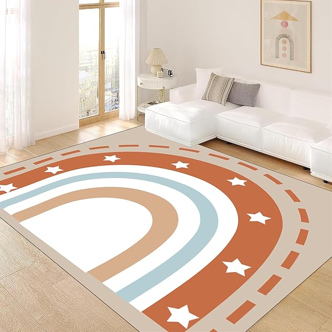 Machine Washable Rainbow Rugs Bedroom Fluffy Plush Soft Area Rugs Star Rainbow Patterns Living Room Non-Slip Indoor Flooring Kids Girls Boys Home Decor Aesthetics 2x5ft