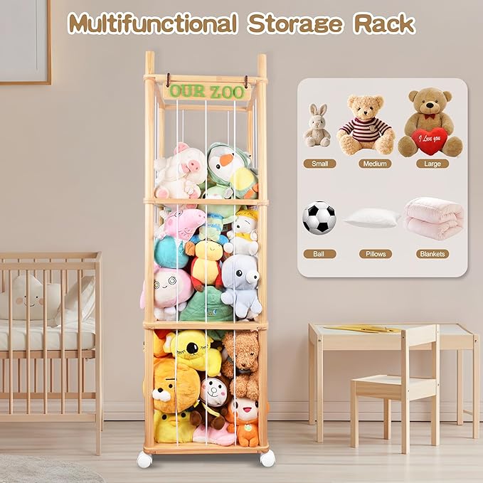 Stuffed Animal Storage with Wheels Wooden Stuffed Animal Holder 54" Stuffed Animal Organizer Space Saving Plushies Storage with Elastic Band Large Capacity Stuffy Storage for Playroom Bedroom