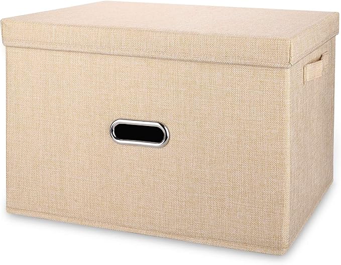 Large Linen Fabric Foldable Storage Bins with Removable Lid and Handles, Washable Storage Box Organizer Containers Baskets Cube with Cover for Bedroom,Closet,Office,Nursery (Khaki, XXL)