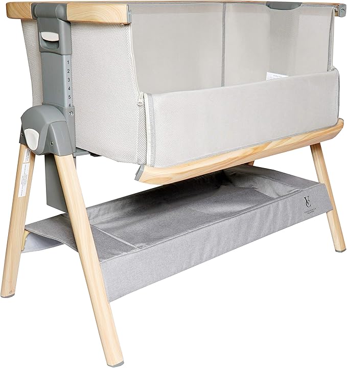 Venice Child California Dreaming Bedside Crib Bassinet w/Travel Case, Bamboo Bassinet Sheet, Removable Bamboo Compressed Cotton Mattress, Height Adjustable, Easy Clean - Grey