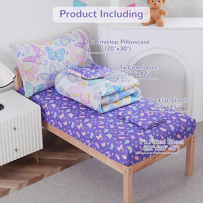 Viviland Colorful Butterfly Toddler Comforter Sets, Cute Girls Toddler Bedding Set, Soft Microfiber Butterflies Toddler Bed Set