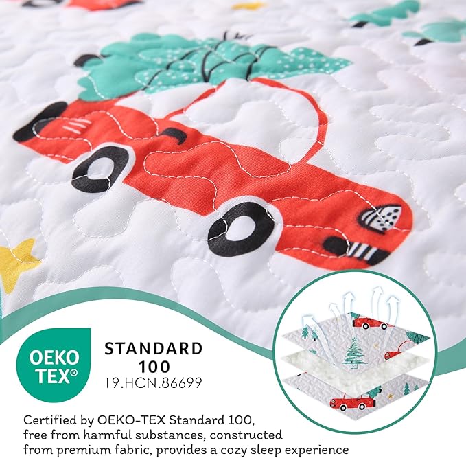 JSD Kids Christmas Quilt Set Twin Size, Red Cars Christmas Bedspreads Coverlet 2 Piece, Soft Microfiber Holiday Quilted Blanket Beddings