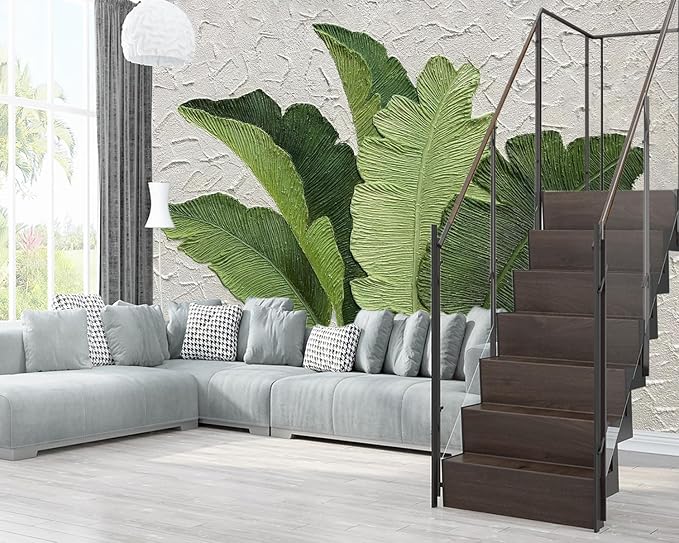XMPMBM-Hand-Painted Banana Leaf Art Fabric Wallpaper Graffiti Green Leaf Living Room Bedroom Bathroom Wall Mural-W 132" X H 92"（93 Square Foot）