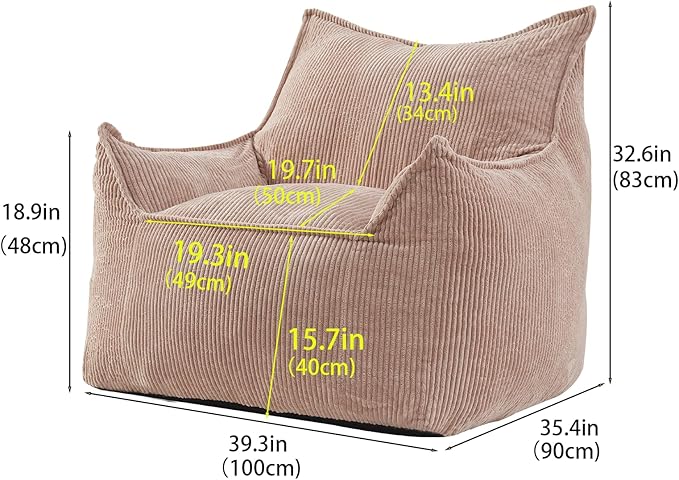 Giant Bean Bag Chair Sofa for Adults Teens, Comfy Corduroy Large Bean Bag Chairs with Armrests for Bedroom Living Room, Adult BeanBag Lazy Sofa Couch Chairs with Filler Included