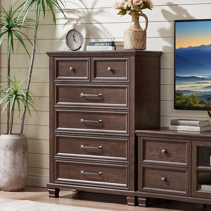 Farmhouse Bedroom Dresser and Nightstand Set of 4, 6 Drawer Tall & Low Dresser & 2 Drawer Nightstand Set, Rustic Wood Furniture Set for Bedroom, Hallway, Walnut