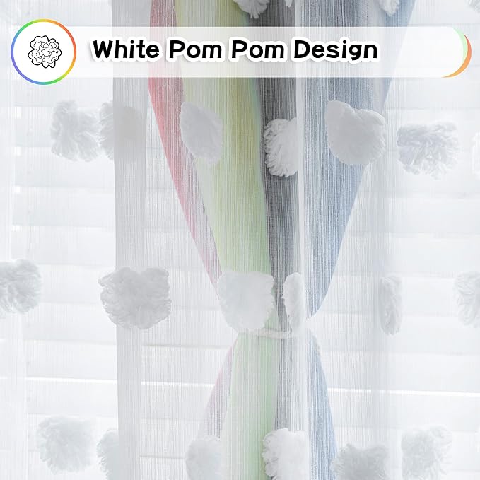 MYSKY HOME 95 Inch Long Rainbow Curtains for Girls Bedroom & Living Room - Double Layer Ombre, White Pom Pom, Blackout Sheer, Room Darkening Grommet Window Panels (2 Pieces, 52 x 95 in)