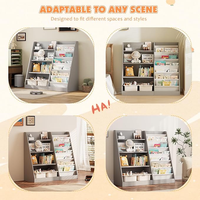 NACHES 4 Tier Kid Bookshelf Wooden 6 Sling Children Bookcase Toddler Montessori Bookcase Book Rack Display Toy Storage Organizer Book Display Shelf Stand Classroom Bedroom Nursery Playroom(Grey)