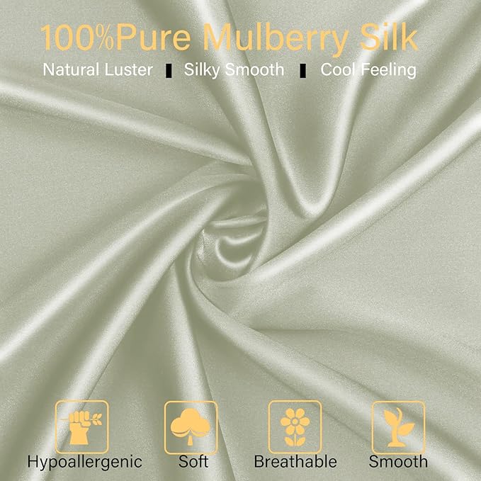 100% Mulberry Silk Pillowcase 2 Pack for Hair and Skin,with Hidden Zipper,Both Sides 22 Momme Natural Silk Pillow Cover,Soft Breathable & Smooth (Matcha, Standard)