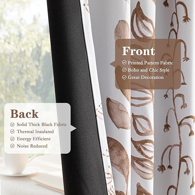 MEETSKY Blackout Curtains 95 Inches Long Leaves Patterned Farmhouse Thermal Insulated Privacy Protection Drapes with Rod Pocket Back Tab for Bedroom Living Room, 2 Panels, 50" Wide, Khaki