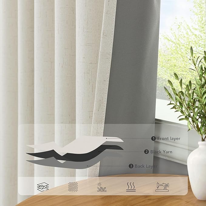Cream Linen Blackout Curtains 60 Inches Wide for Bedroom Window Viral Modern Farmhouse Curtains for Sliding Glass Doors Thermal Soundproof Heavy Drapes 60x96 Long 2 Panels Ivory Off White Black Out
