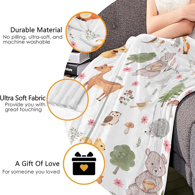 Thuswarm Cute Animals in The Woodland Flannel Blanket for Autumn Winter Gifts Warm Cozy Soft Funny Print Throw for Bed Couch Sofa 50”×40” Small for Kid