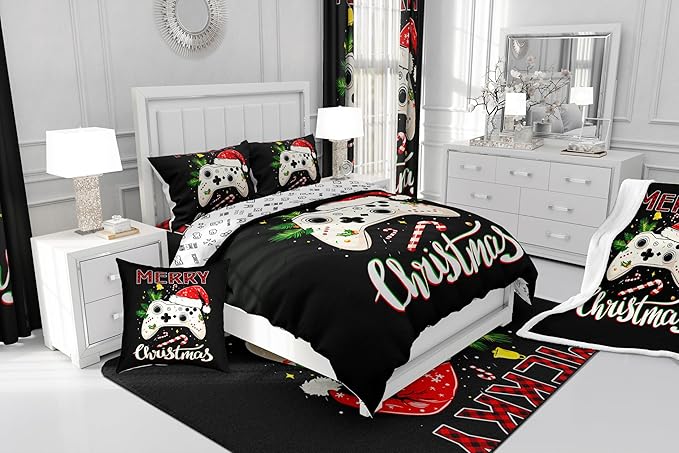 Gamepad Xmas Theme Bedding Set Full Size,Santa Claus Video Games Comforter Set for Kids Boys Girls Room Decor,Merry Christmas Duvet Insert 3Pcs,Gaming Controller Black Quilt Set,2 Pillowcases